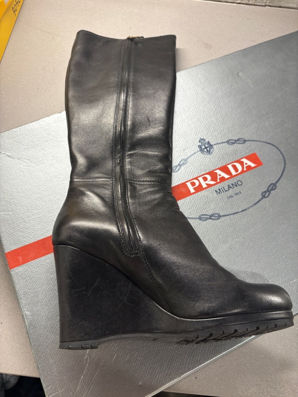 Prada Black Leather Wedge Knee Boot
